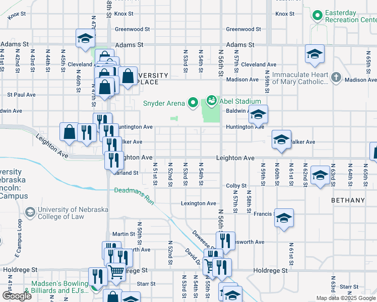 map of restaurants, bars, coffee shops, grocery stores, and more near 5327 Walker Avenue in Lincoln