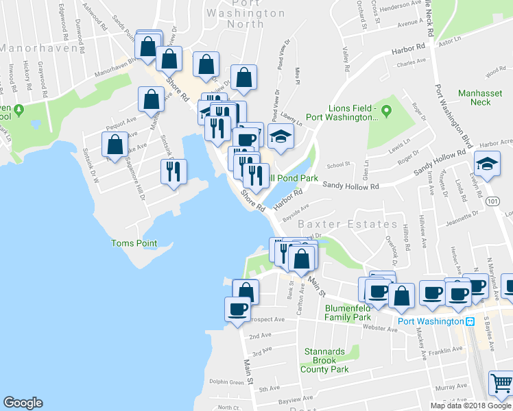 map of restaurants, bars, coffee shops, grocery stores, and more near 1 Mill Pond Road in Port Washington