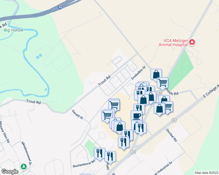 map of restaurants, bars, coffee shops, grocery stores, and more near 121 Buchanan Avenue in State College