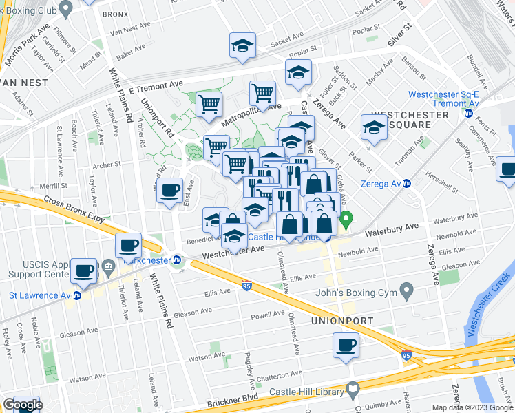 map of restaurants, bars, coffee shops, grocery stores, and more near 2095 Starling Avenue in Bronx