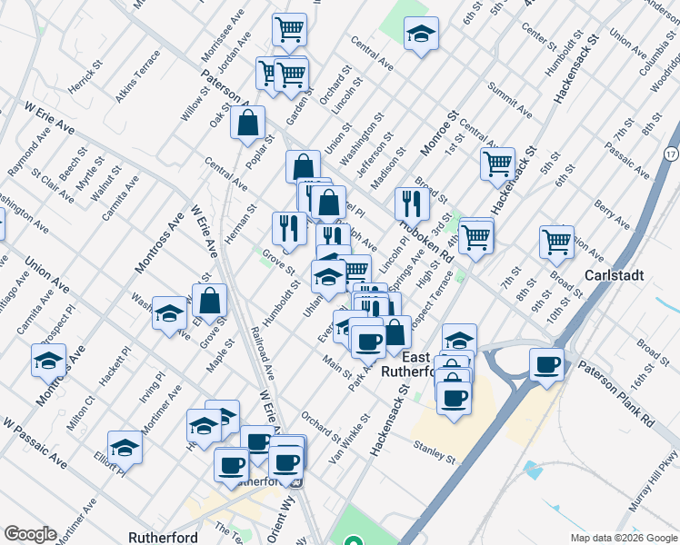 map of restaurants, bars, coffee shops, grocery stores, and more near 74 Uhland Street in East Rutherford