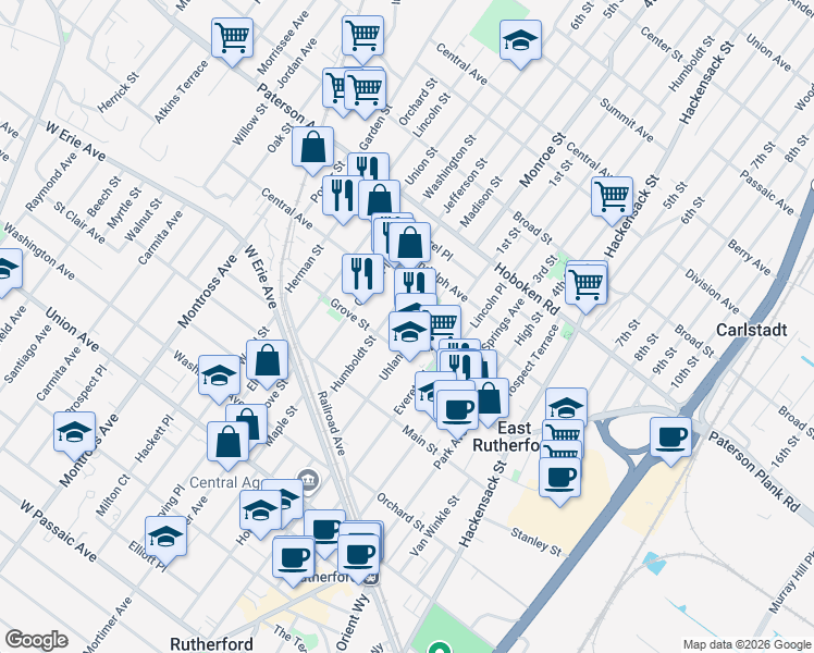 map of restaurants, bars, coffee shops, grocery stores, and more near 88 Humboldt Street in East Rutherford