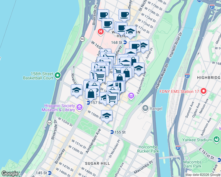 map of restaurants, bars, coffee shops, grocery stores, and more near 522 West 161st Street in New York