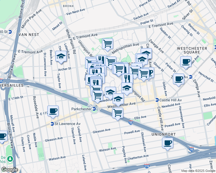 map of restaurants, bars, coffee shops, grocery stores, and more near 1545 Unionport Road in Bronx