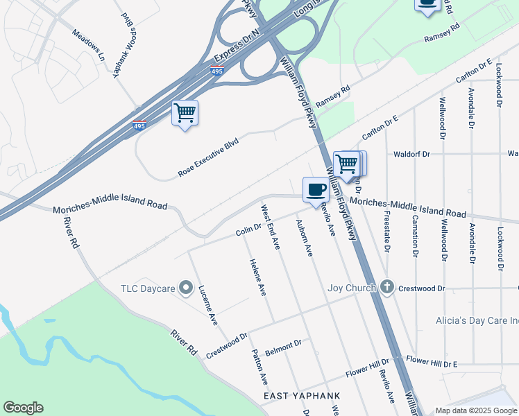 map of restaurants, bars, coffee shops, grocery stores, and more near 487 West End Avenue in Shirley