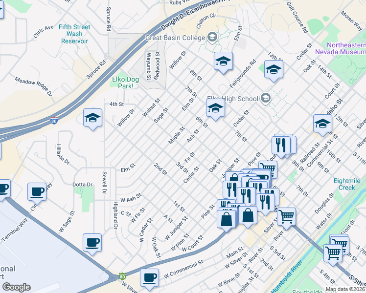map of restaurants, bars, coffee shops, grocery stores, and more near Ash Street in Elko