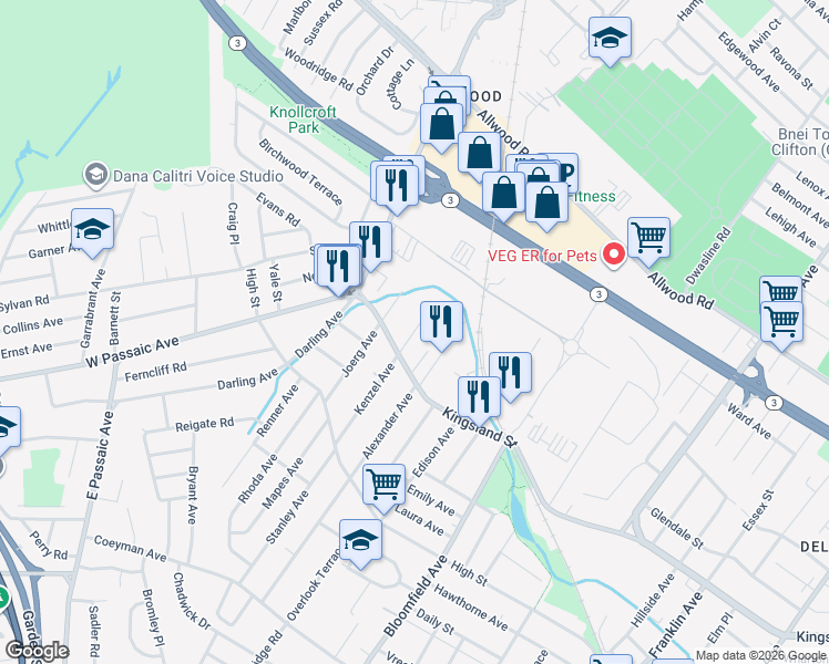 map of restaurants, bars, coffee shops, grocery stores, and more near 115 Kenzel Ave in Nutley