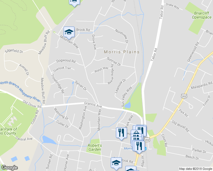 map of restaurants, bars, coffee shops, grocery stores, and more near 20 Beaver Ridge Road in Morris Plains