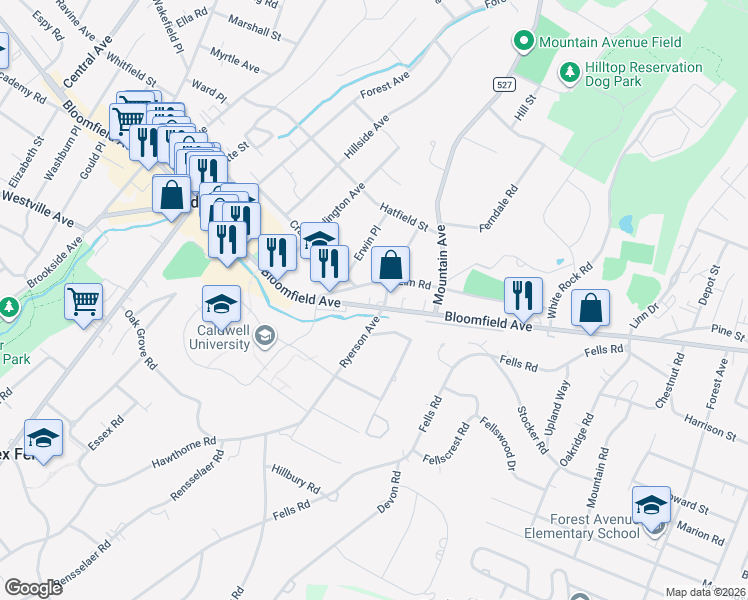 map of restaurants, bars, coffee shops, grocery stores, and more near 95 Bloomfield Avenue in Caldwell