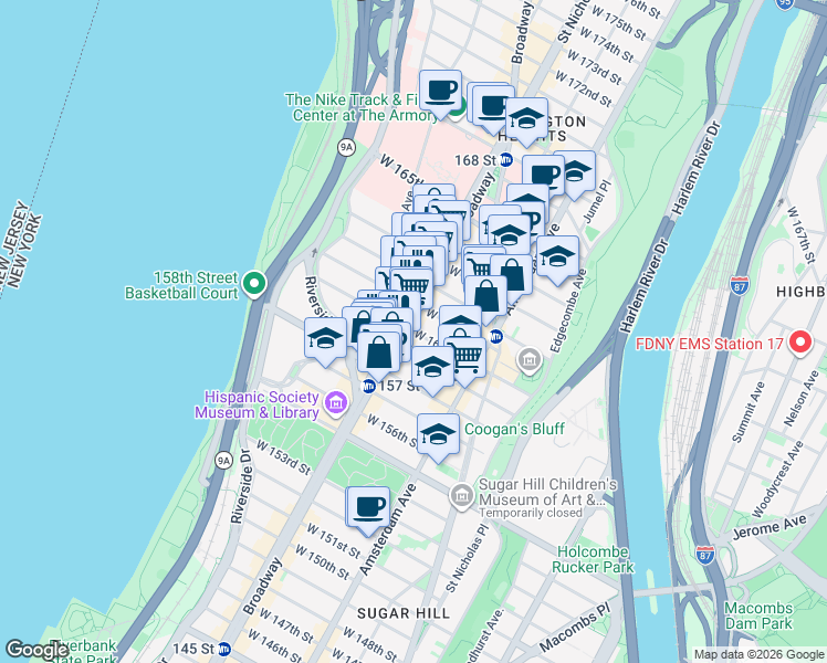 map of restaurants, bars, coffee shops, grocery stores, and more near 559 West 160th Street in New York