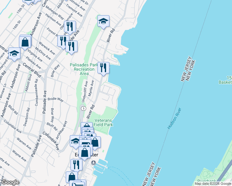 map of restaurants, bars, coffee shops, grocery stores, and more near 1225 River Road in Edgewater