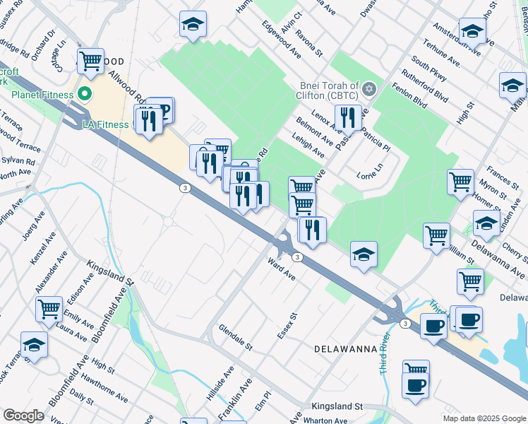 map of restaurants, bars, coffee shops, grocery stores, and more near 680 New Jersey 3 in Clifton