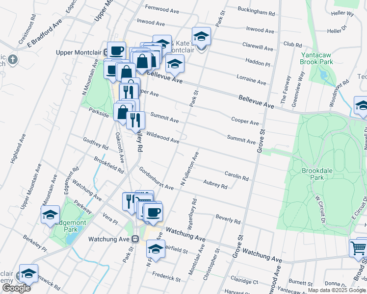 map of restaurants, bars, coffee shops, grocery stores, and more near 330 Park Street in Montclair