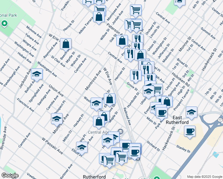 map of restaurants, bars, coffee shops, grocery stores, and more near 5 Wood Street in Rutherford