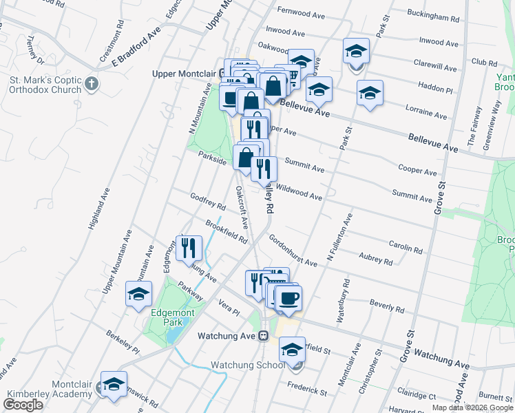 map of restaurants, bars, coffee shops, grocery stores, and more near 480 Valley Road in Montclair