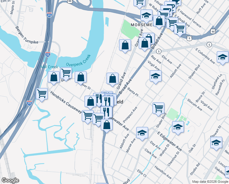 map of restaurants, bars, coffee shops, grocery stores, and more near 581 Grand Avenue in Ridgefield