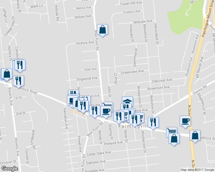 map of restaurants, bars, coffee shops, grocery stores, and more near 30 John Drive in Farmingville