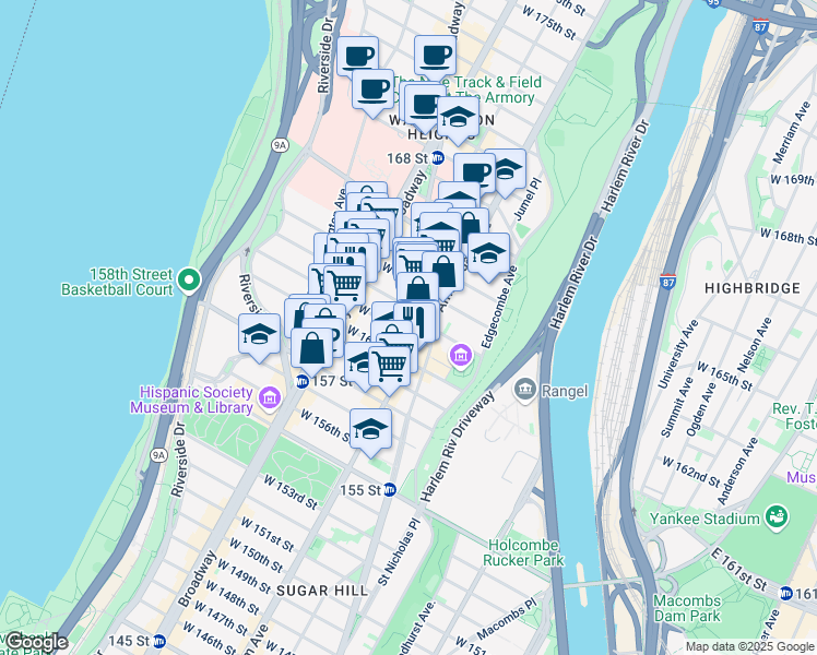 map of restaurants, bars, coffee shops, grocery stores, and more near 517 West 161st Street in New York