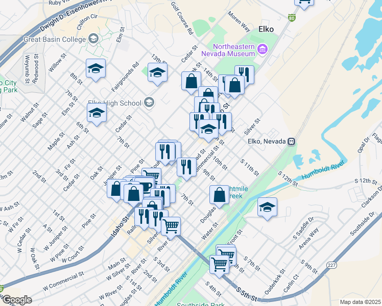 map of restaurants, bars, coffee shops, grocery stores, and more near 913 Idaho Street in Elko
