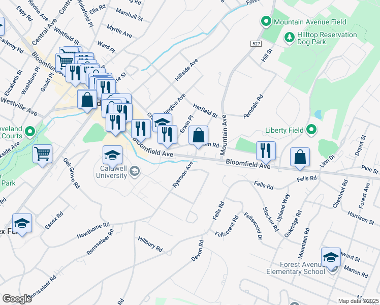 map of restaurants, bars, coffee shops, grocery stores, and more near 95 Bloomfield Avenue in Caldwell
