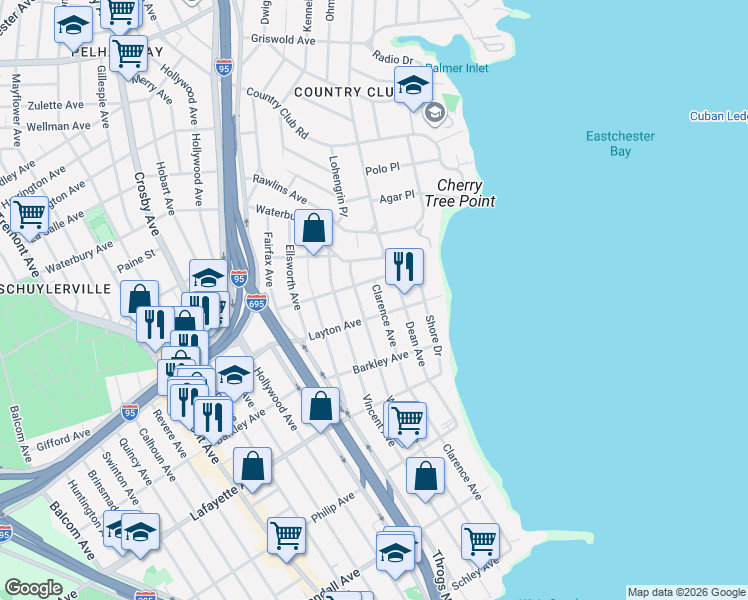 map of restaurants, bars, coffee shops, grocery stores, and more near 1125 Clarence Avenue in Bronx