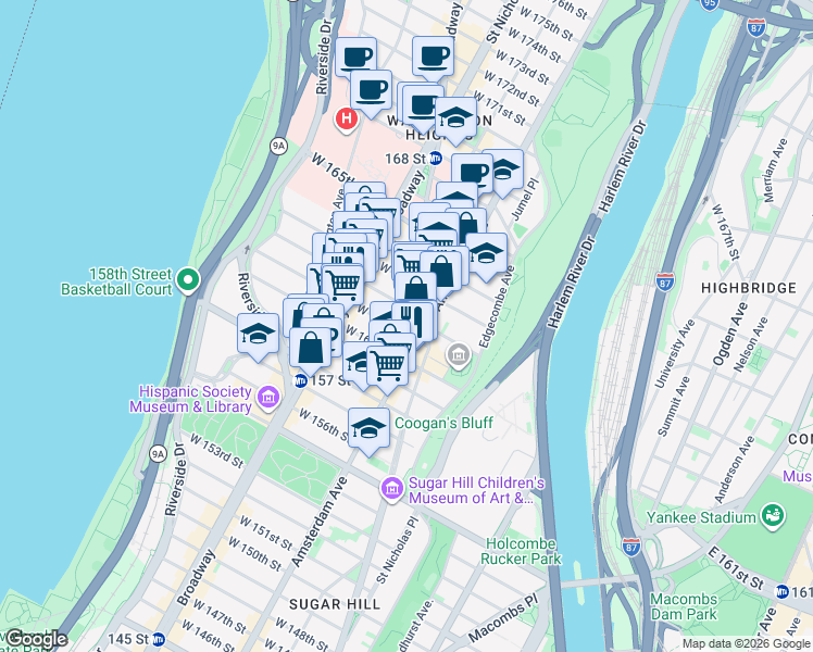 map of restaurants, bars, coffee shops, grocery stores, and more near 505 West 161st Street in New York