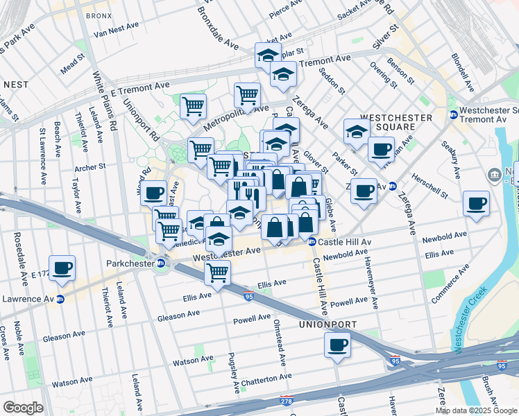 map of restaurants, bars, coffee shops, grocery stores, and more near 2100 Starling Avenue in Bronx