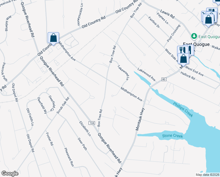 map of restaurants, bars, coffee shops, grocery stores, and more near 52 Box Tree Rd in East Quogue