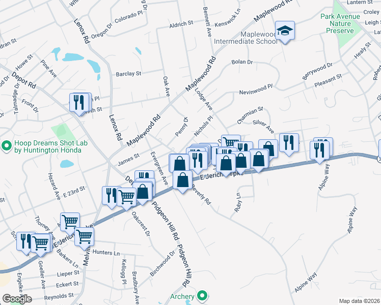 map of restaurants, bars, coffee shops, grocery stores, and more near 40 Beverly Road in Huntington Station