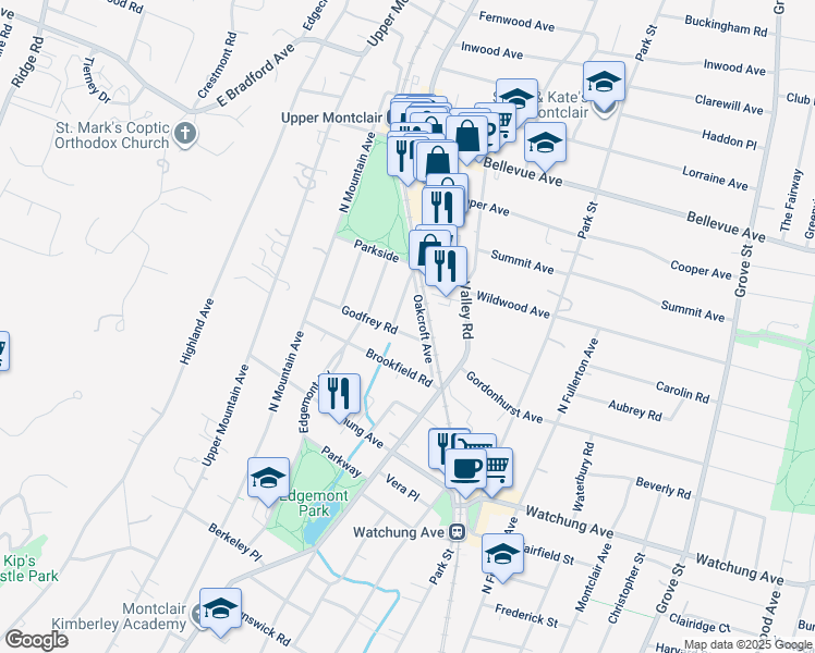 map of restaurants, bars, coffee shops, grocery stores, and more near 17 Godfrey Road in Montclair