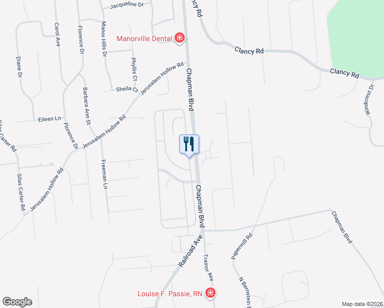 map of restaurants, bars, coffee shops, grocery stores, and more near 5130 Village Circle North in Manorville