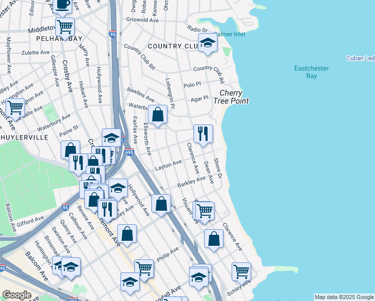 map of restaurants, bars, coffee shops, grocery stores, and more near 1125 Clarence Avenue in Bronx