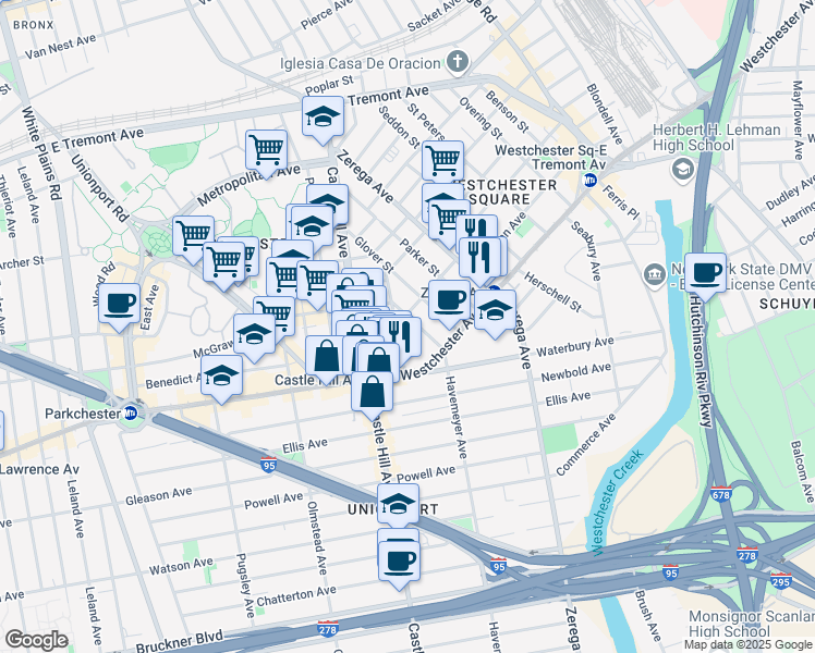 map of restaurants, bars, coffee shops, grocery stores, and more near 1436 Doris Street in Bronx