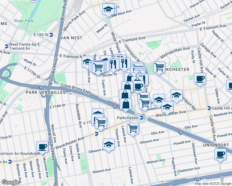 map of restaurants, bars, coffee shops, grocery stores, and more near 1417 Leland Avenue in The Bronx