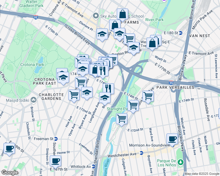 map of restaurants, bars, coffee shops, grocery stores, and more near in The Bronx