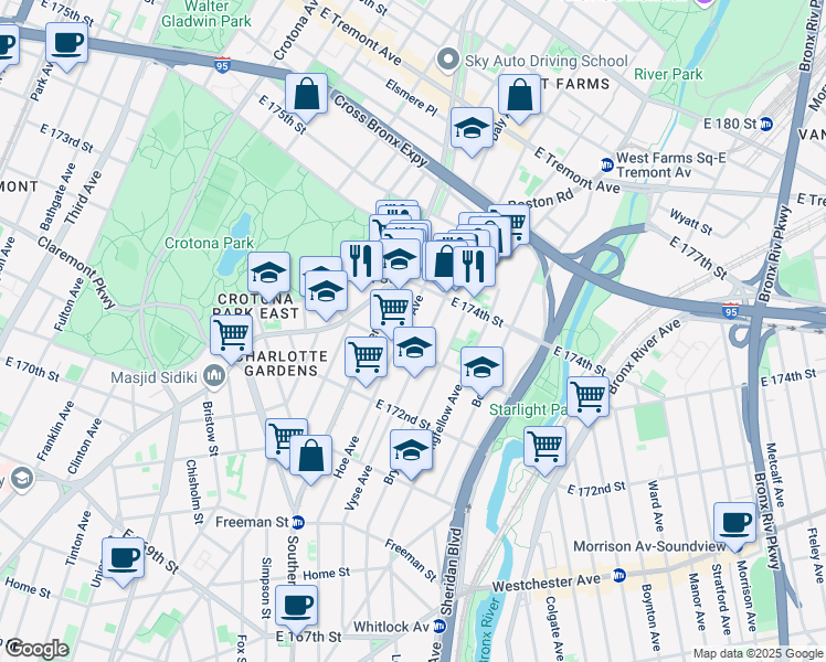 map of restaurants, bars, coffee shops, grocery stores, and more near 1680 Hoe Avenue in The Bronx