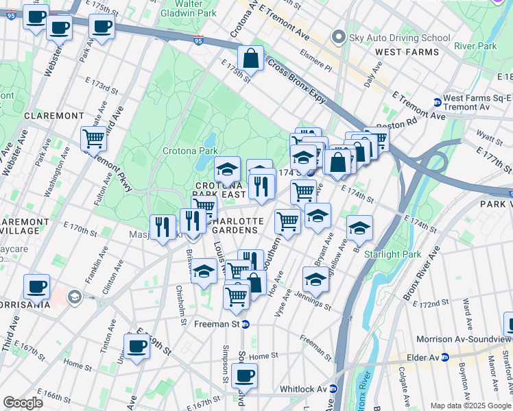 map of restaurants, bars, coffee shops, grocery stores, and more near 820 Suburban Place in Bronx