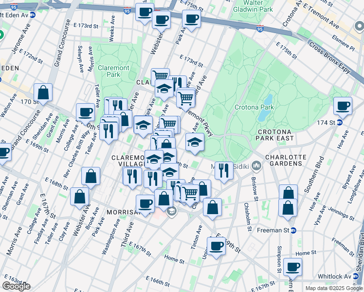 map of restaurants, bars, coffee shops, grocery stores, and more near 1432 Fulton Avenue in Bronx