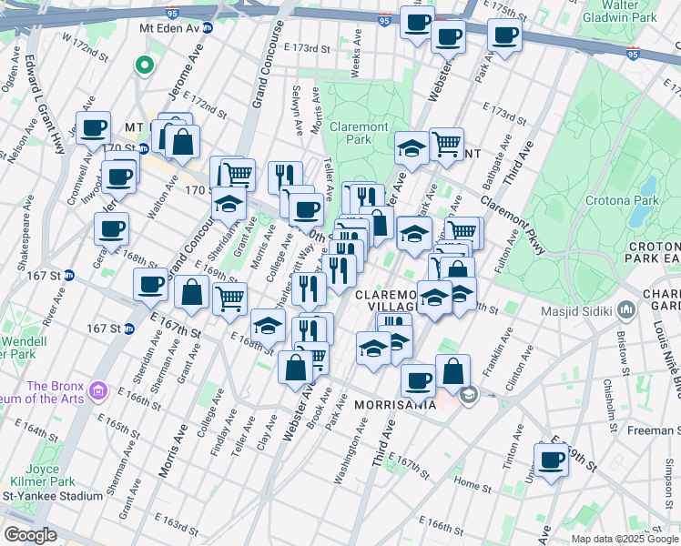 map of restaurants, bars, coffee shops, grocery stores, and more near in The Bronx