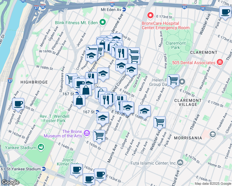 map of restaurants, bars, coffee shops, grocery stores, and more near in The Bronx