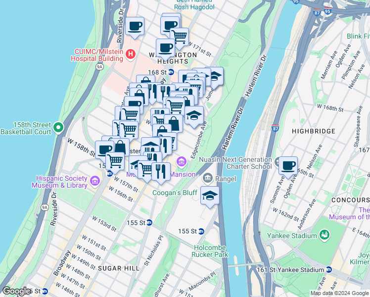map of restaurants, bars, coffee shops, grocery stores, and more near 453 West 163rd Street in New York
