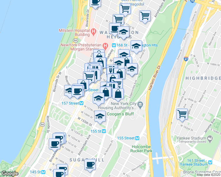map of restaurants, bars, coffee shops, grocery stores, and more near 517 West 161st Street in New York