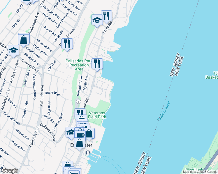 map of restaurants, bars, coffee shops, grocery stores, and more near 1225 River Road in Edgewater