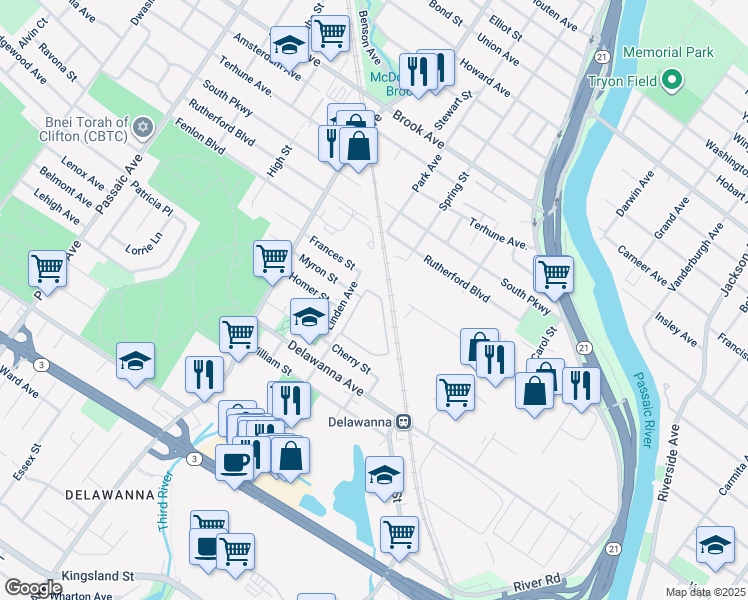 map of restaurants, bars, coffee shops, grocery stores, and more near 107 Cambridge Court in Clifton