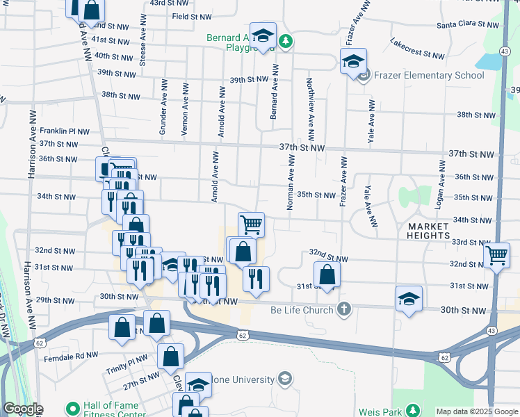 map of restaurants, bars, coffee shops, grocery stores, and more near 3417 Westview Avenue Northwest in Canton