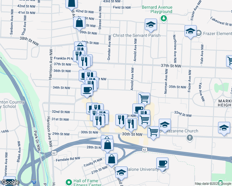 map of restaurants, bars, coffee shops, grocery stores, and more near 1412 34th Street Northwest in Canton