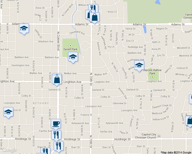 map of restaurants, bars, coffee shops, grocery stores, and more near 7021 Walker Avenue in Lincoln