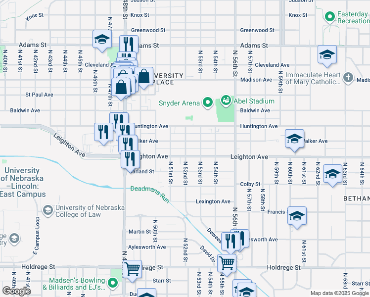 map of restaurants, bars, coffee shops, grocery stores, and more near 5211 Walker Avenue in Lincoln