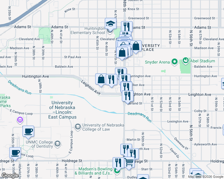 map of restaurants, bars, coffee shops, grocery stores, and more near 4640 Leighton Avenue in Lincoln
