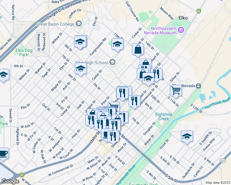 map of restaurants, bars, coffee shops, grocery stores, and more near 735 Pine Street in Elko